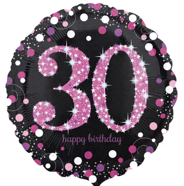 Folienballon - Sparkling Birthday pink, Zahl 30 - ø 43cm